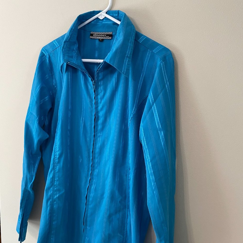 Daniali women’s XL aqua teal L/S zip-front shimmery striped blouse top - Picture 9 of 16